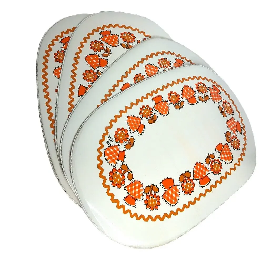 Vintage 70s Orange Mushroom Placemats Retro Floral Oval Table Mats Set of 4